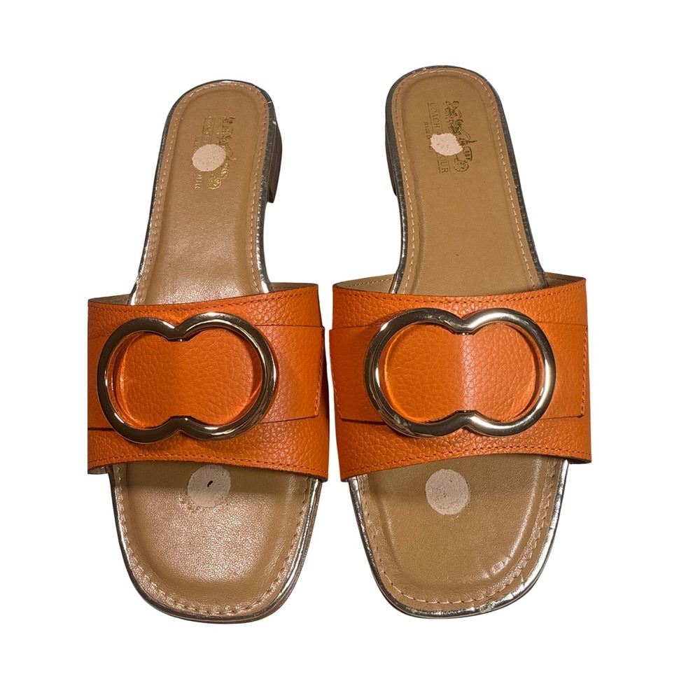 Coach Annecy Orange Pebble Grain Leather Slide Sandals Gold Buckle Italy 8